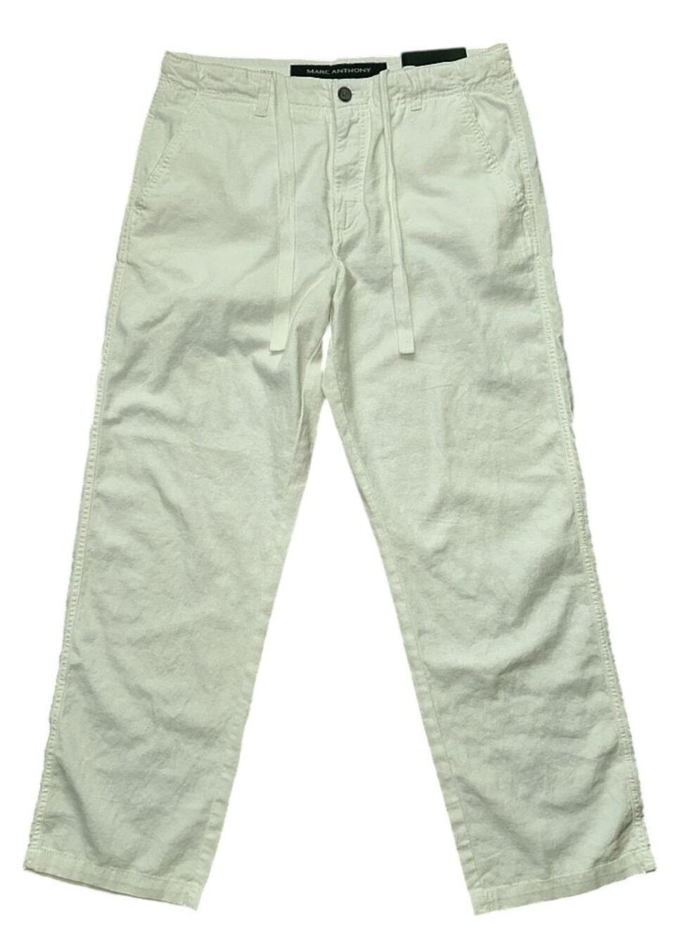 NWT Marc Anthony Linen Cotton Drawstring Slim Straight Off White Pants 34X30